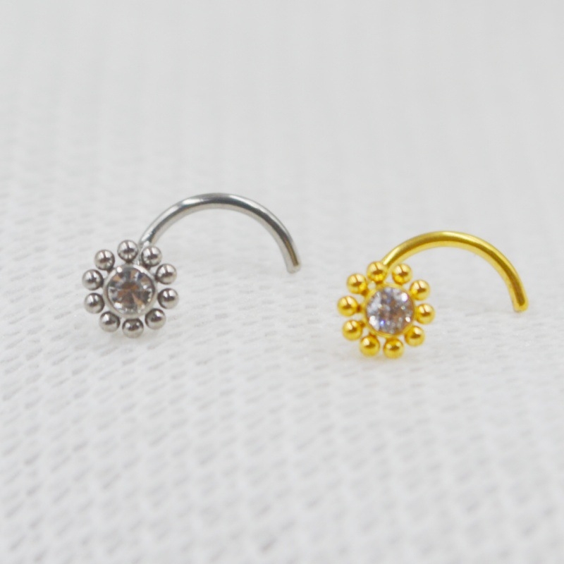 Pin nazal din aliaj de titan G23 cu floare de zirconiu, formă rotundă, prelucrare diamant, personalizabil