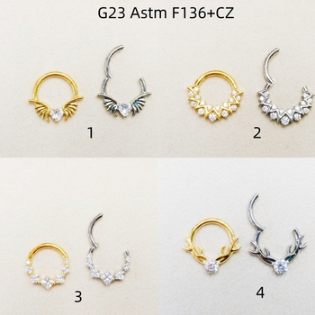 Inel de nas cu cristale zirconiu, aliaj de titan (ASTM F136, cristal Gy122s, placare electroplatină, formă geometrică)