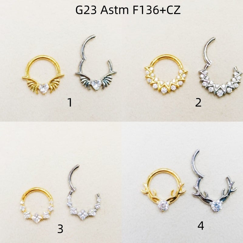 Inel de nas cu cristale zirconiu, aliaj de titan (ASTM F136, cristal Gy122s, placare electroplatină, formă geometrică)