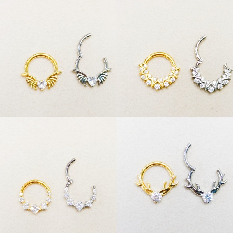 Inel de nas cu cristale zirconiu, aliaj de titan (ASTM F136, cristal Gy122s, placare electroplatină, formă geometrică)