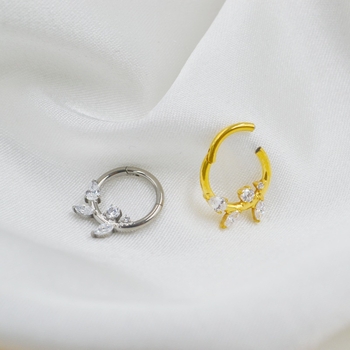 Inel nazal din aliaj de titan (ASTM F136), design frunză cu zirconiu, seria GQ2, gravat