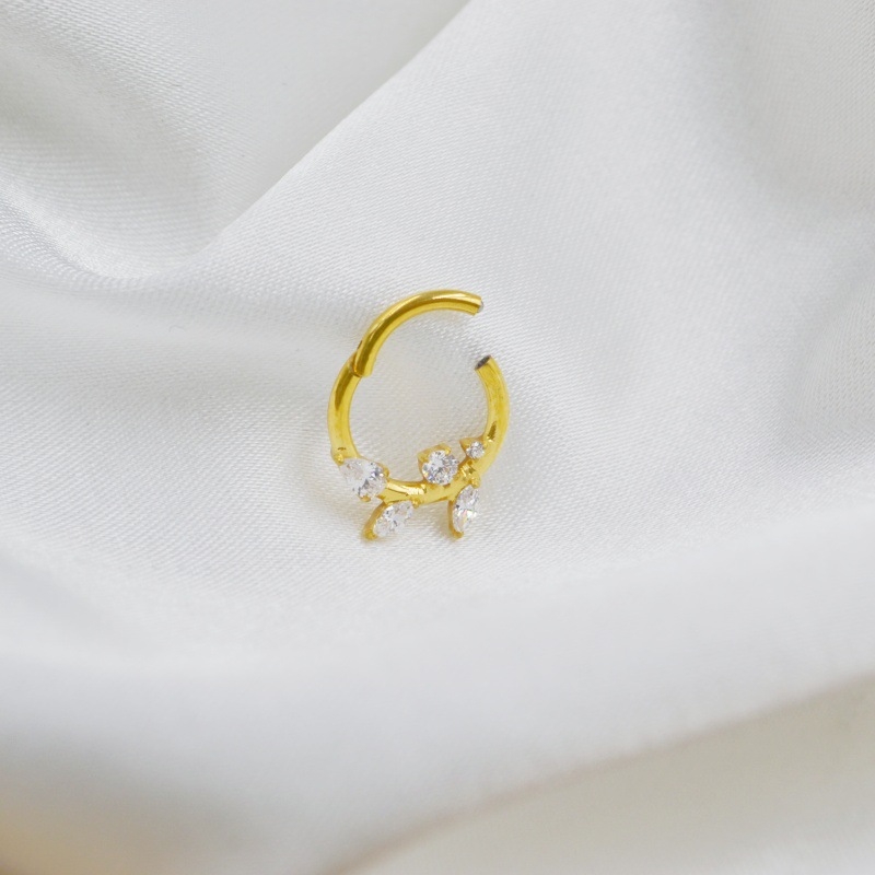 Inel nazal din aliaj de titan (ASTM F136), design frunză cu zirconiu, seria GQ2, gravat