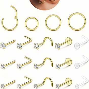 Set de inele nazale și știfturi pentru buză din oțel inoxidabil, cu zirconiu încrustat, hipoalergenic, calitate 304, finisaj placat electrochimic