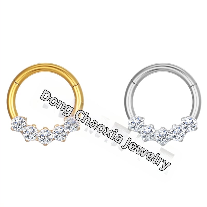 Inel nazal din oțel inoxidabil, cristale de zirconiu, formă geometrică, deschidere fără cusur, placare electrolitică