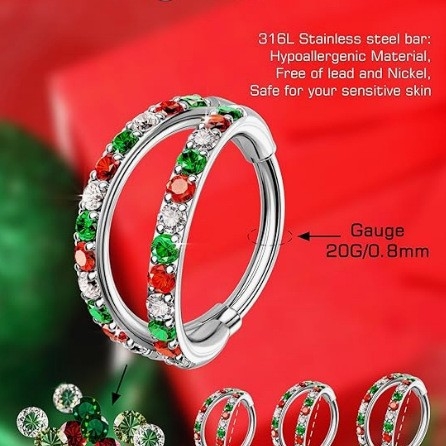 Inel nazal cu dublu inel, stil geometric, oțel inoxidabil, prelucrare cu diamant, unisex