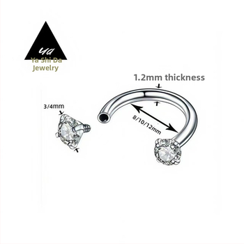 Inel de nas din aliaj de titan cu zircon rotund încrustat, formă C de potcoavă, unisex, placare electrolitică