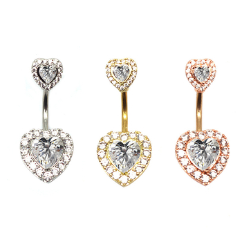 Dupla szív alakú köldök piercing rozsdamentes acélból, uniszex, szív motív, záródás, elektroplattázott