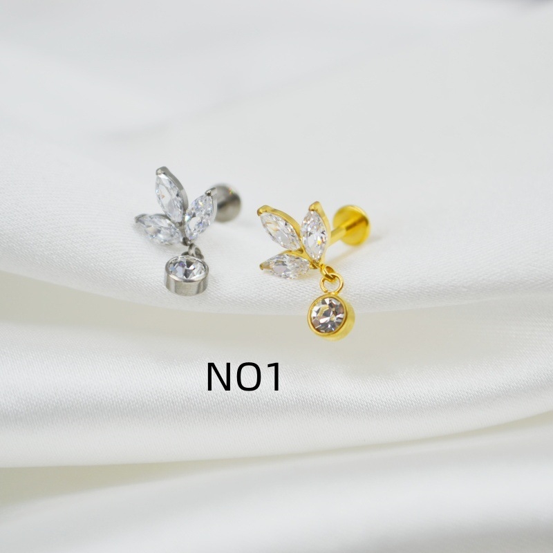 Titāna sakausējuma auskari ar cirkonija ielikumu, kļavu lapas forma, universāls stils