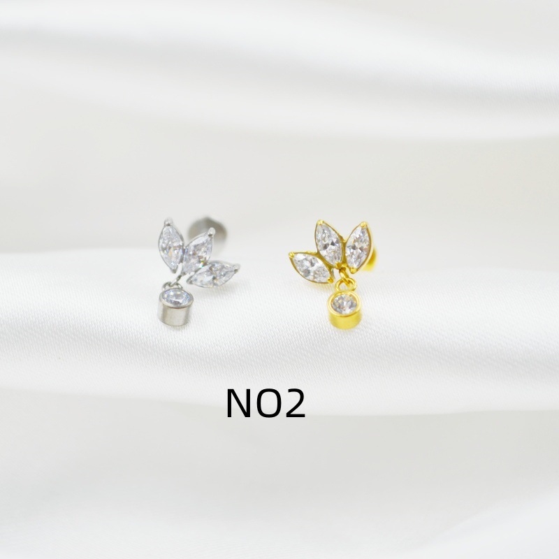 Titāna sakausējuma auskari ar cirkonija ielikumu, kļavu lapas forma, universāls stils