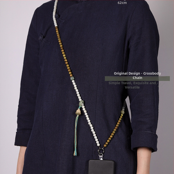 Mobiliojo telefono kaklo laikiklis su Bodhi karoliukais, pintas dizainas, poliesterio virvė, metalinė sagtis – pritaikoma