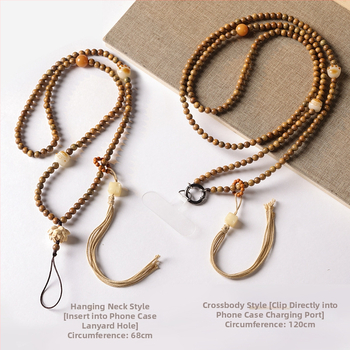 Mobiliojo telefono kaklo laikiklis su Bodhi karoliukais, pintas dizainas, poliesterio virvė, metalinė sagtis – pritaikoma