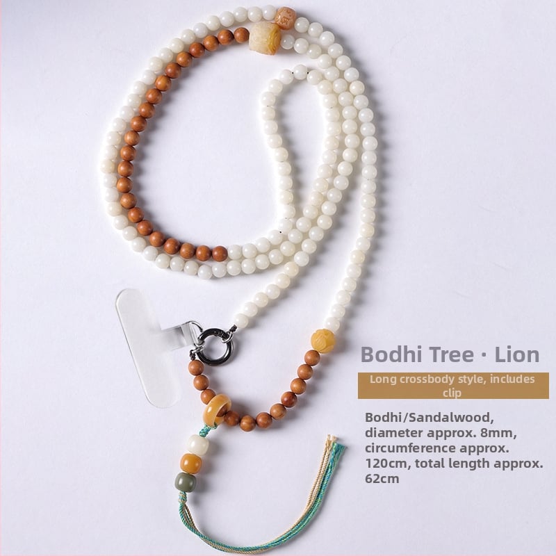 Mobiliojo telefono kaklo laikiklis su Bodhi karoliukais, pintas dizainas, poliesterio virvė, metalinė sagtis – pritaikoma