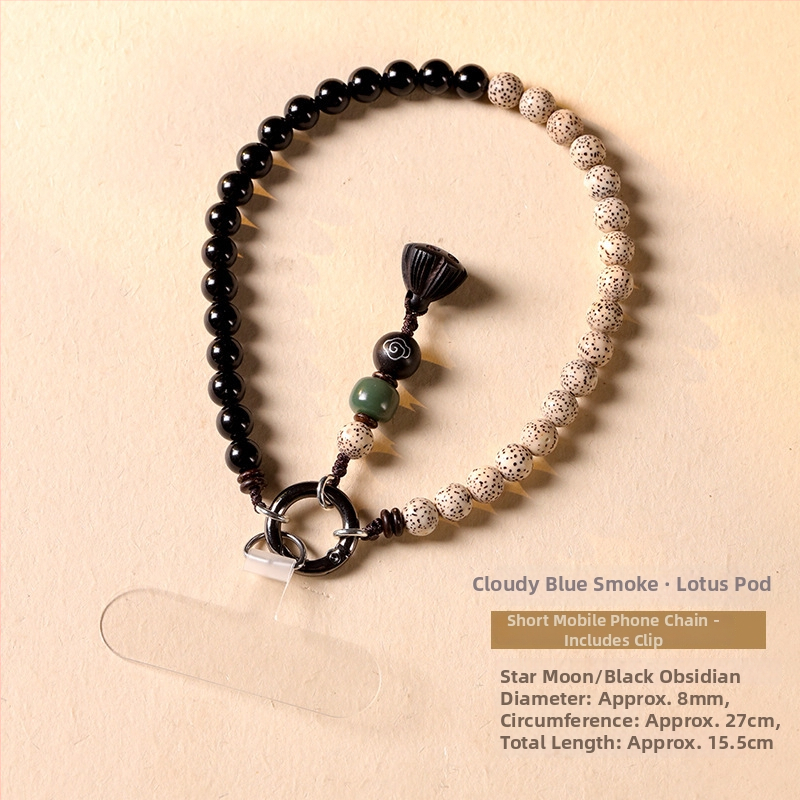 Mobiliojo telefono kaklo laikiklis su Bodhi karoliukais, pintas dizainas, poliesterio virvė, metalinė sagtis – pritaikoma