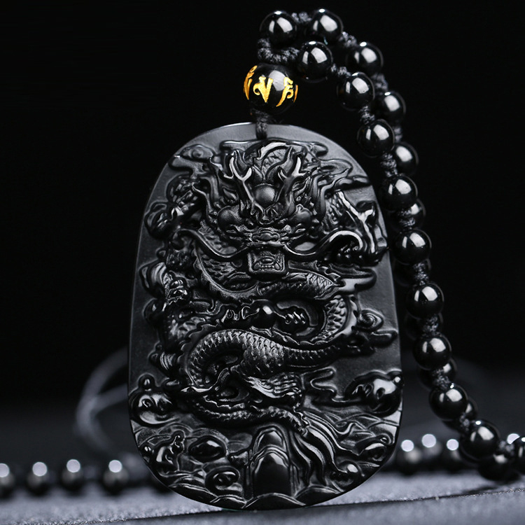 Dragon privjesak od obsidijana, kristal, unisex, lanac s kuglicama, višeslojni dizajn