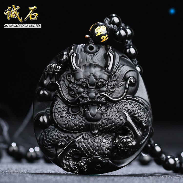 Dragon privjesak od obsidijana, kristal, unisex, lanac s kuglicama, višeslojni dizajn