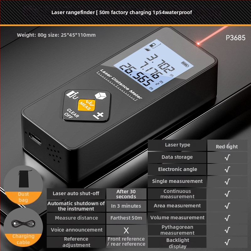 Lāzera attāluma mērītājs – trīs vienā funkcija, augsta precizitāte, uzlādējams, 100 m diapazons, piemērots iekšējai dekorācijai