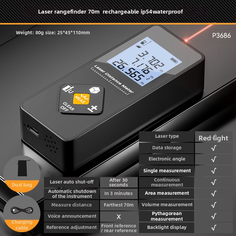 Lāzera attāluma mērītājs – trīs vienā funkcija, augsta precizitāte, uzlādējams, 100 m diapazons, piemērots iekšējai dekorācijai