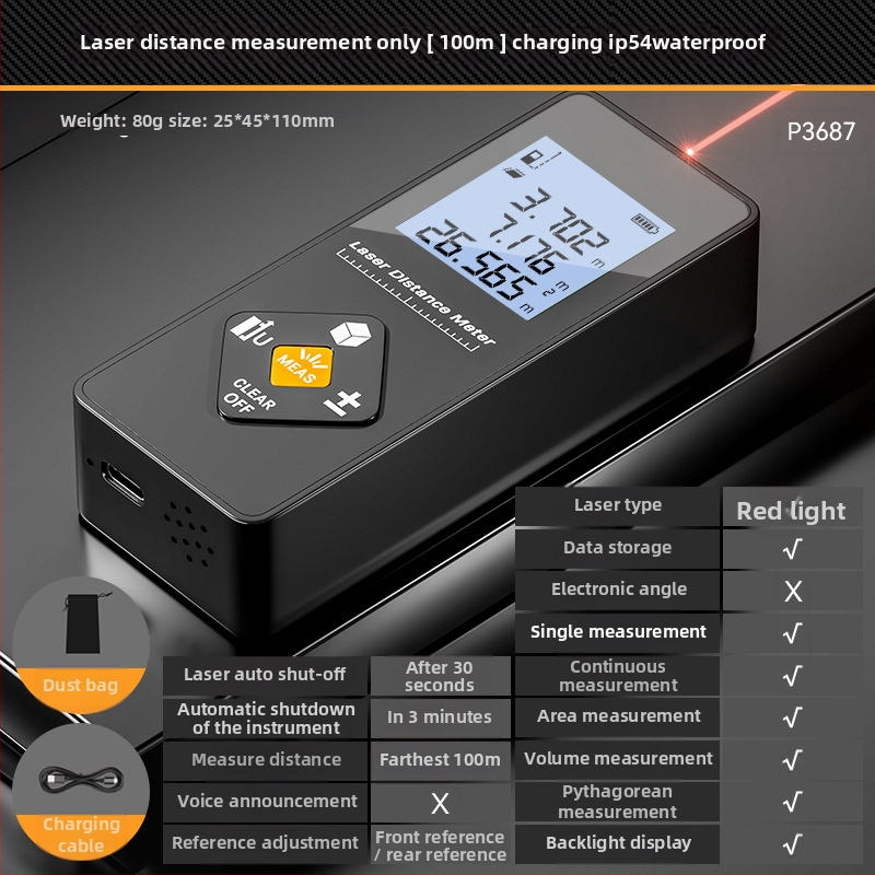 Lāzera attāluma mērītājs – trīs vienā funkcija, augsta precizitāte, uzlādējams, 100 m diapazons, piemērots iekšējai dekorācijai