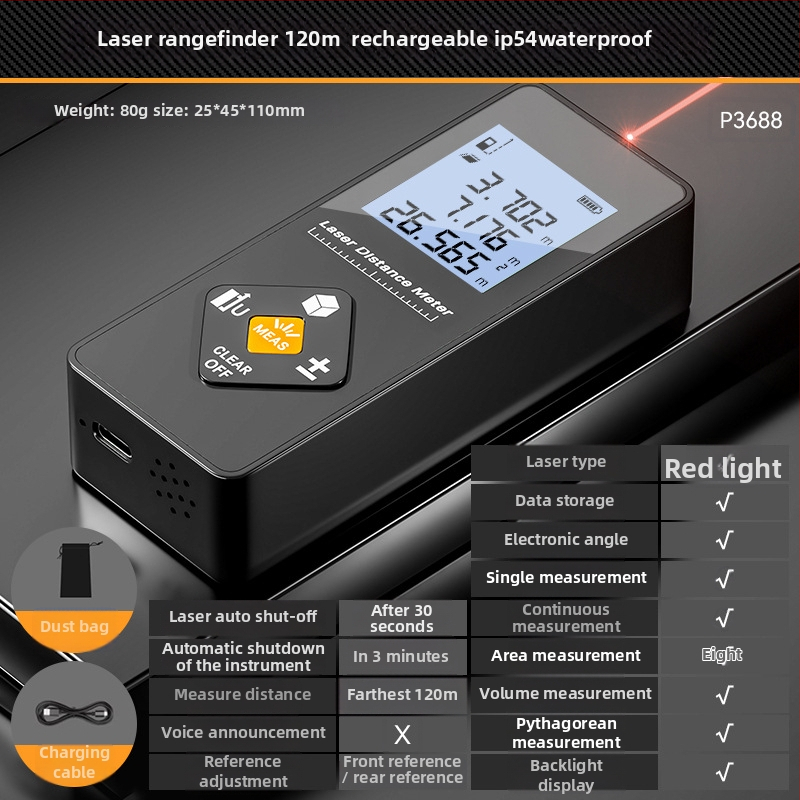 Lāzera attāluma mērītājs – trīs vienā funkcija, augsta precizitāte, uzlādējams, 100 m diapazons, piemērots iekšējai dekorācijai