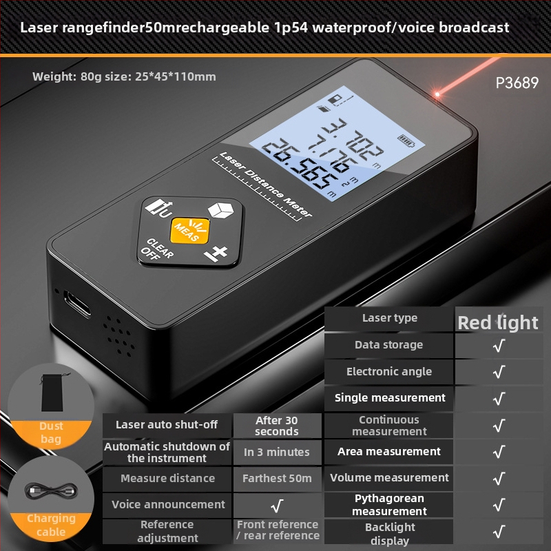 Lāzera attāluma mērītājs – trīs vienā funkcija, augsta precizitāte, uzlādējams, 100 m diapazons, piemērots iekšējai dekorācijai
