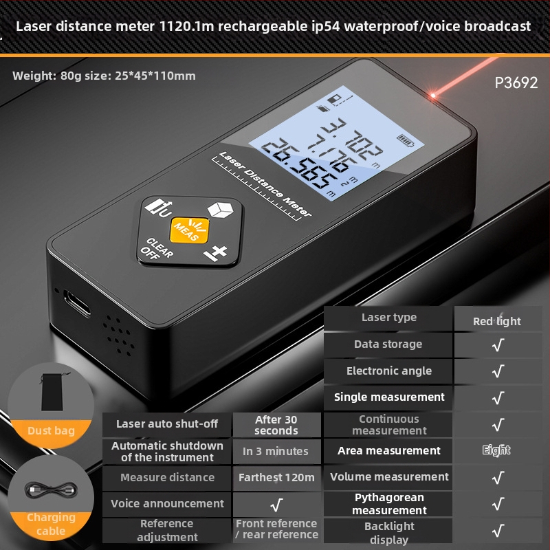 Lāzera attāluma mērītājs – trīs vienā funkcija, augsta precizitāte, uzlādējams, 100 m diapazons, piemērots iekšējai dekorācijai