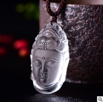 Colier cu Guanyin și cap de Buddha din cristal alb, unisex (Material: cristal; Stil: fashion, unisex; Tip cristal: cristal alb; Brand: Fu Shou Jewelry; Personalizare: Da)