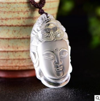 Colier cu Guanyin și cap de Buddha din cristal alb, unisex (Material: cristal; Stil: fashion, unisex; Tip cristal: cristal alb; Brand: Fu Shou Jewelry; Personalizare: Da)