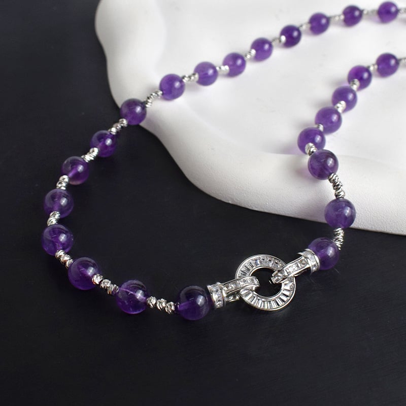 Κολιέ με αμέθυστο, 8 mm χάντρες, 925 ασήμι, κομψός σχεδιασμός