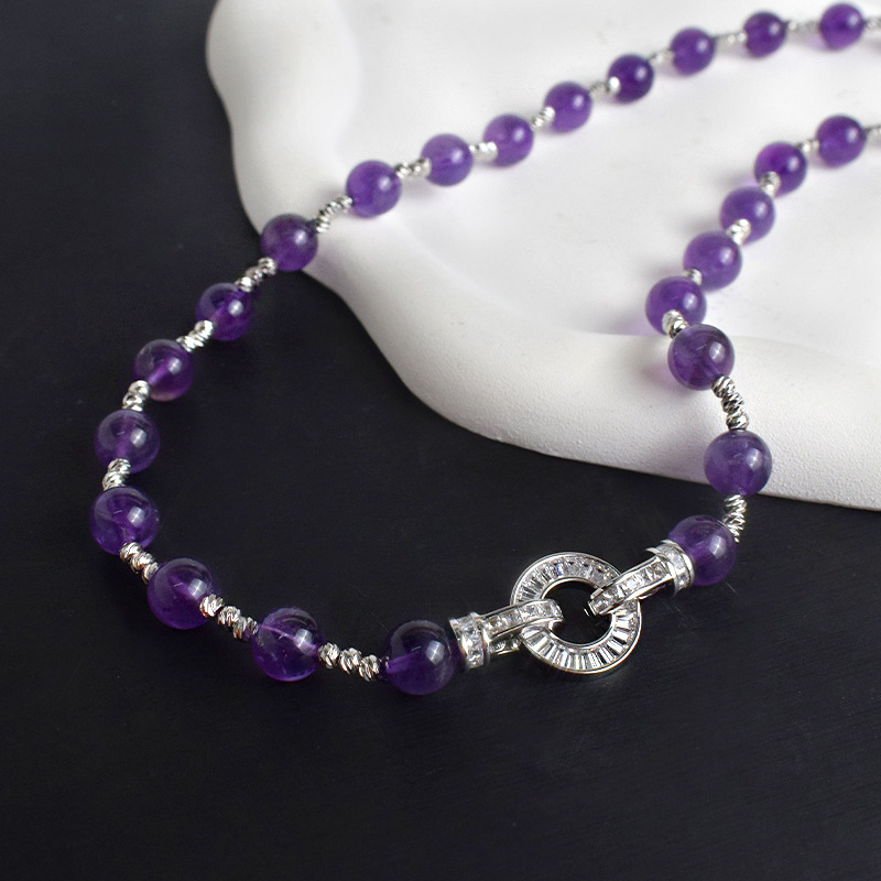 Κολιέ με αμέθυστο, 8 mm χάντρες, 925 ασήμι, κομψός σχεδιασμός