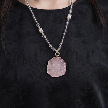 Colier Su Wu Jewelry cu cuarț roz – pandantiv în formă de animale/zodii, cristal lustruit, stil drăguț