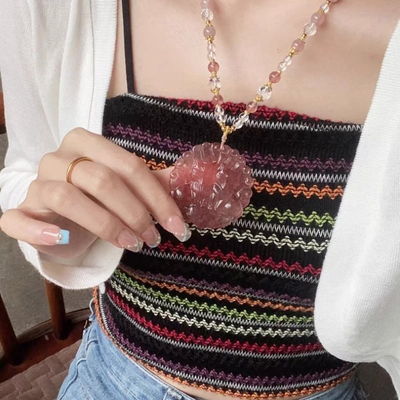 Nyaklánc kilencfarkú róka medállal, U-formájú, eper kristály, etnikai retro stílus, 2025 tavaszi megjelenés