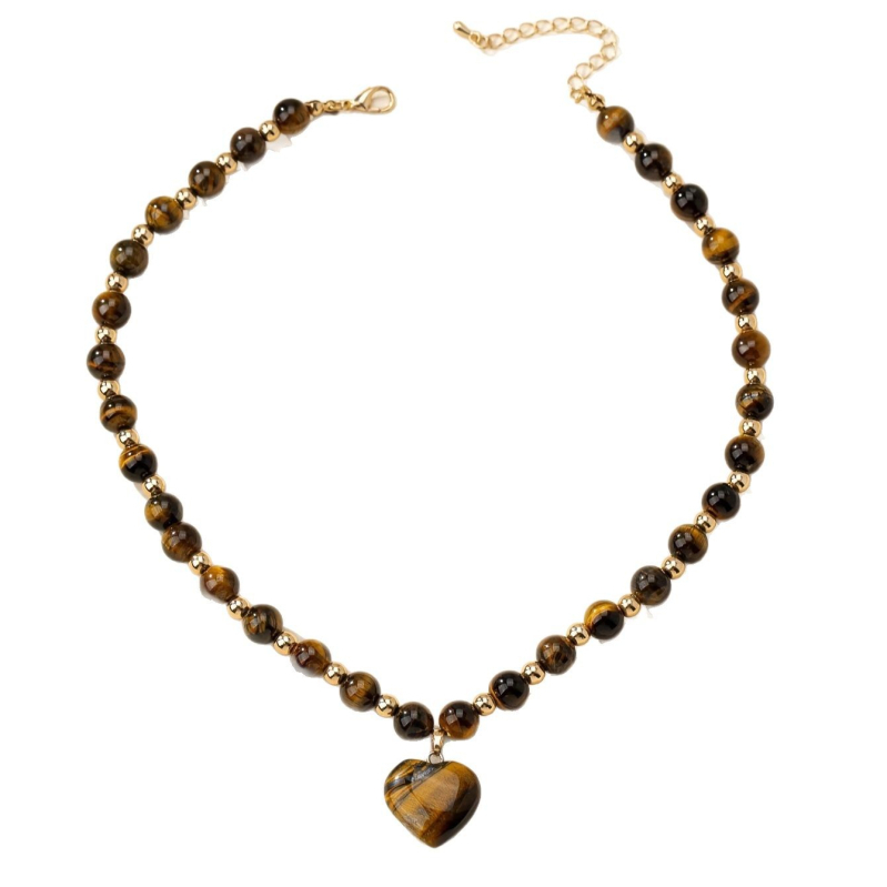 Férfiaknak szóló szív alakú tigrisz szem nyaklánc golyó lánccal, természetes kő, 30 g, modern városi stílus