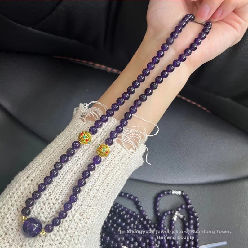 Ametista kristāla kaklarota, 12 mm pērlīte, sudraba-zeltainas detaļas, viegls luksusa stils