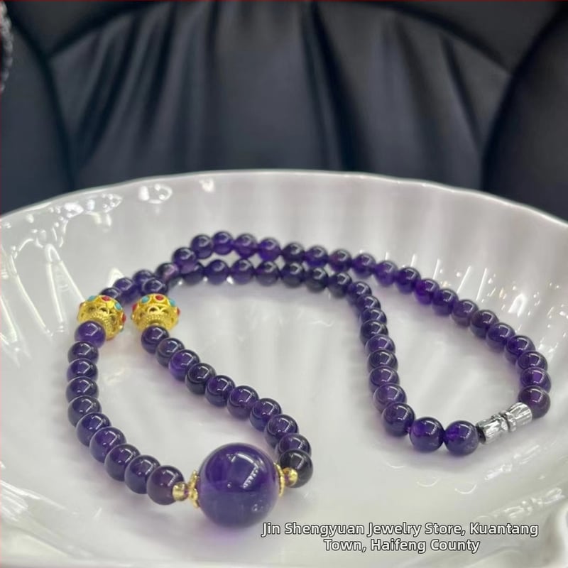 Ametista kristāla kaklarota, 12 mm pērlīte, sudraba-zeltainas detaļas, viegls luksusa stils