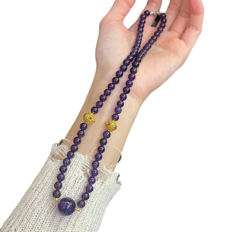 Κολιέ με αμέθυστο κρύσταλλο, 12mm χάντρες, εξαρτήματα επιχρυσωμένα-ασημιού, στυλ ελαφριάς πολυτέλειας