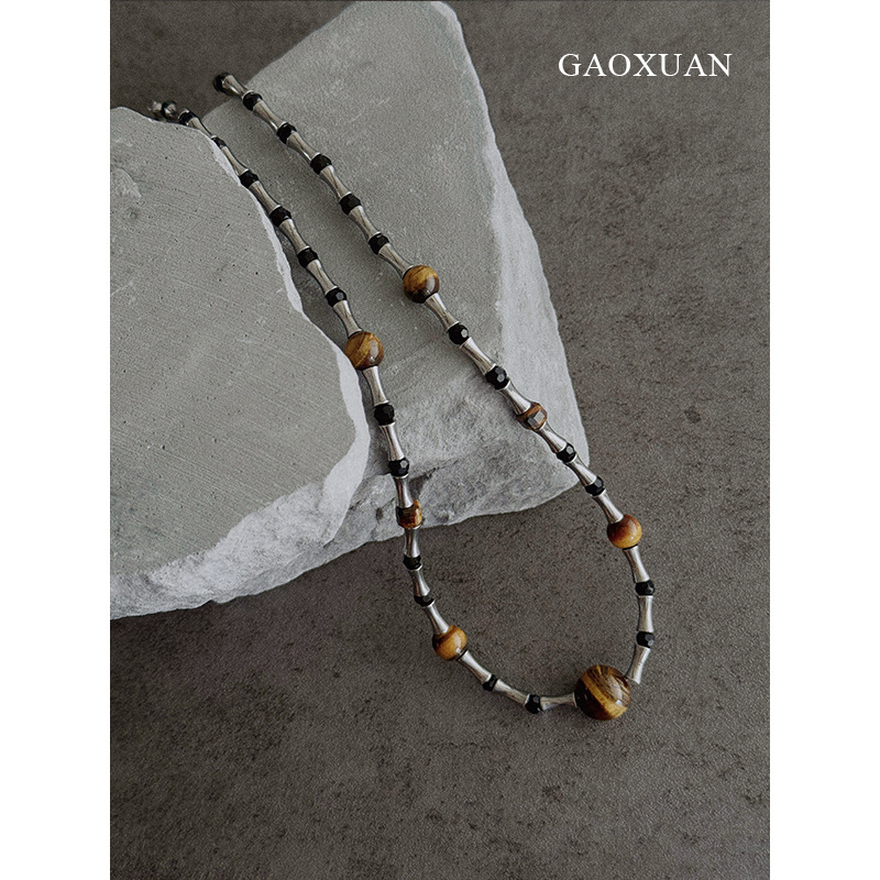 Tigrisz szem nyaklánc bambusz lánccal, uniszex, Maillard stílus, 19 g