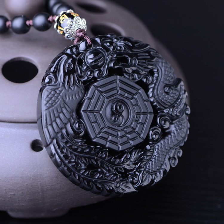 Colier cu pandantiv taoist din obsidian natural, design original, simbol Yin-Yang Bagua, dragon și phoenix — Century Tang Dynasty