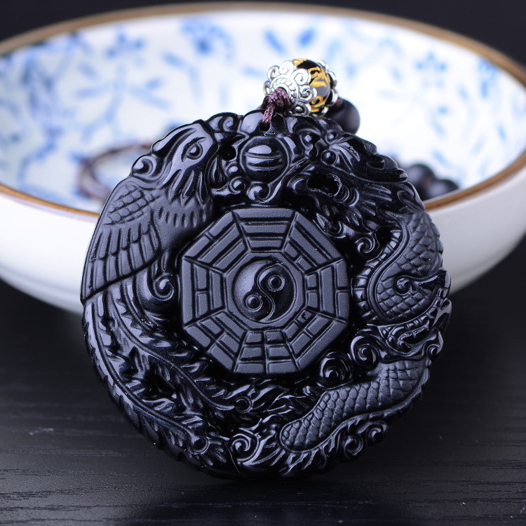 Colier cu pandantiv taoist din obsidian natural, design original, simbol Yin-Yang Bagua, dragon și phoenix — Century Tang Dynasty