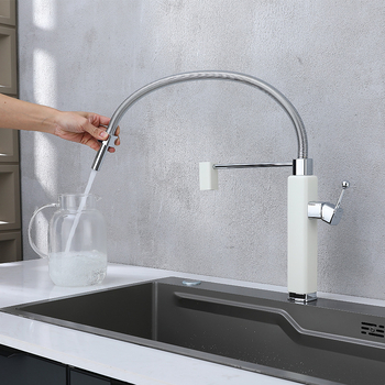 Konyhai keverőcsap meleg- és hideg vízre, kihúzható és forgatható kifolyóval, réz, kerámiabetét, modell Tinkerbell, 0-90°C