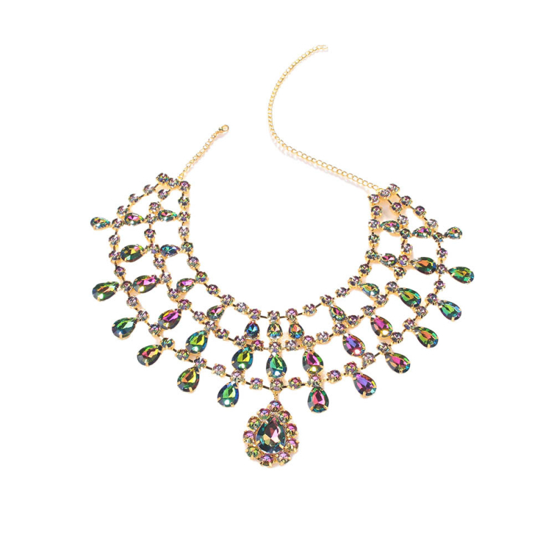 Kristályos nyaklánc, csepp alakú medállal, excentrikus stílus, többszörös lánc, elektroplatált bevonat