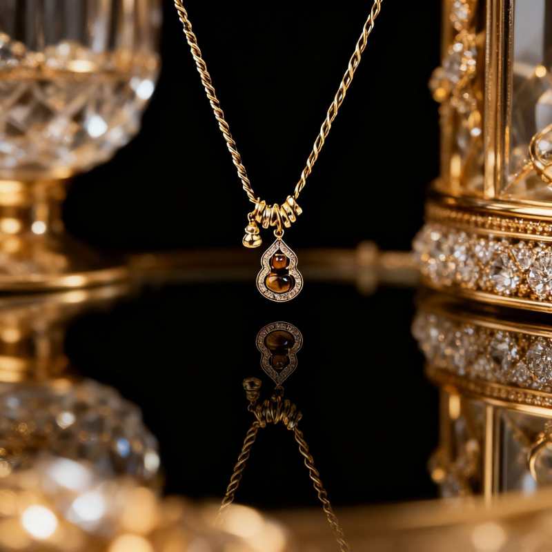 Tigriszsem-nyaklánc tök formájú gyöngyökkel, aranyozott réz medállal, normál lánccal, középkori stílus, irodalmi retro