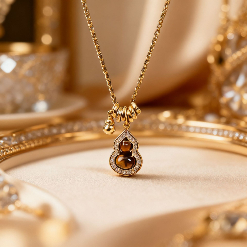 Tigriszsem-nyaklánc tök formájú gyöngyökkel, aranyozott réz medállal, normál lánccal, középkori stílus, irodalmi retro