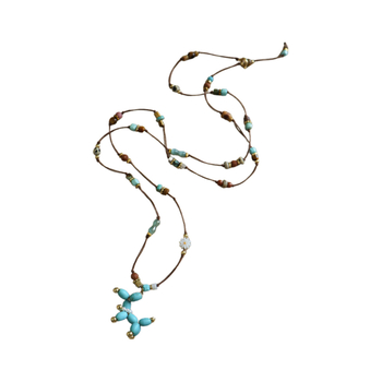 Női nyaklánc tigrisz szem kővel és türkiz medállal, kutya motívummal, fonott pulóverlánccal