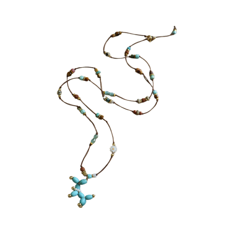 Női nyaklánc tigrisz szem kővel és türkiz medállal, kutya motívummal, fonott pulóverlánccal