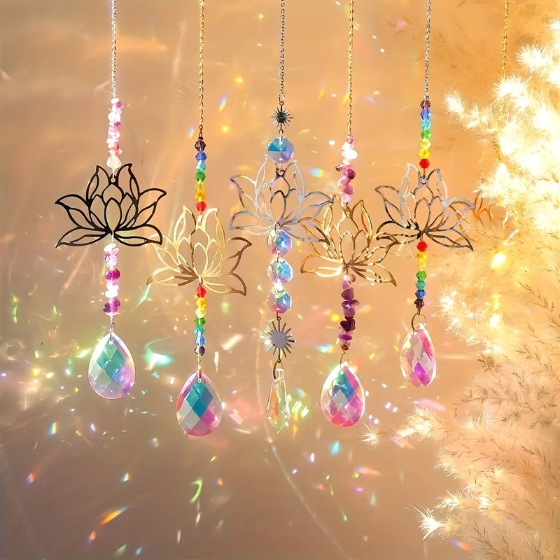 Kristalni sun catcher s ametistnim lotos privjeskom, staklene perle i prirodni šljunak, geometrijski oblik, moderni minimalistički ukras za prozor, pojedinačno pakiran u PP vrećicu