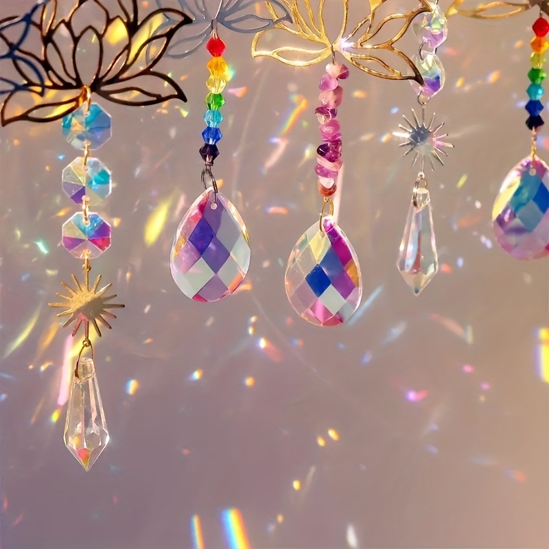 Kristalni sun catcher s ametistnim lotos privjeskom, staklene perle i prirodni šljunak, geometrijski oblik, moderni minimalistički ukras za prozor, pojedinačno pakiran u PP vrećicu