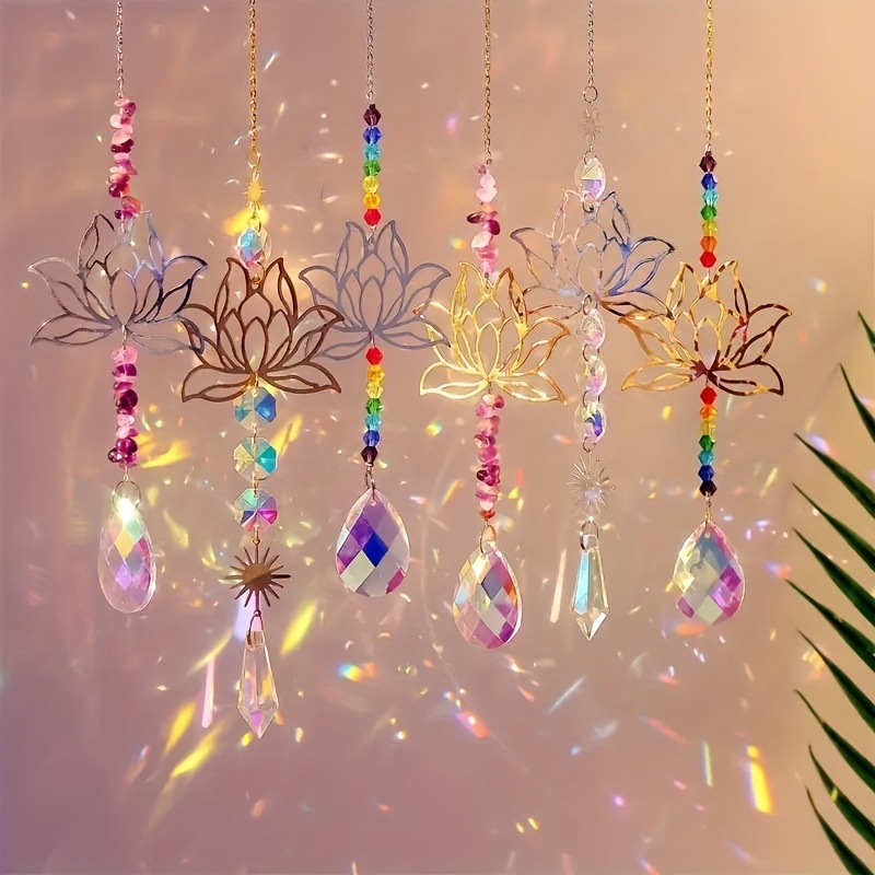 Kristalni sun catcher s ametistnim lotos privjeskom, staklene perle i prirodni šljunak, geometrijski oblik, moderni minimalistički ukras za prozor, pojedinačno pakiran u PP vrećicu