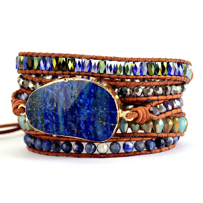 Ženski pleteni narukvica od prirodnog lazurita i kožnih užadi, ručno izrađeno, Koysko branda, modni nakit