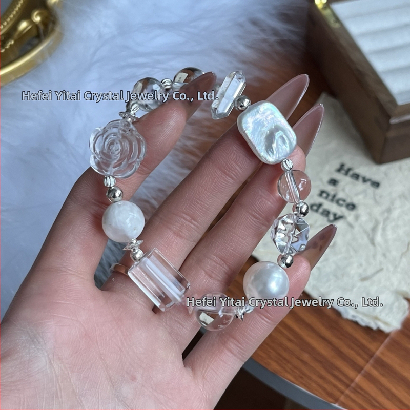 Apyrankė su baltais kristalo karoliukais, šoniniai akmenys: ametistas ir citrinas, rankų darbo, lengvas prabangos stilius