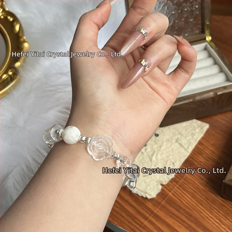 Apyrankė su baltais kristalo karoliukais, šoniniai akmenys: ametistas ir citrinas, rankų darbo, lengvas prabangos stilius